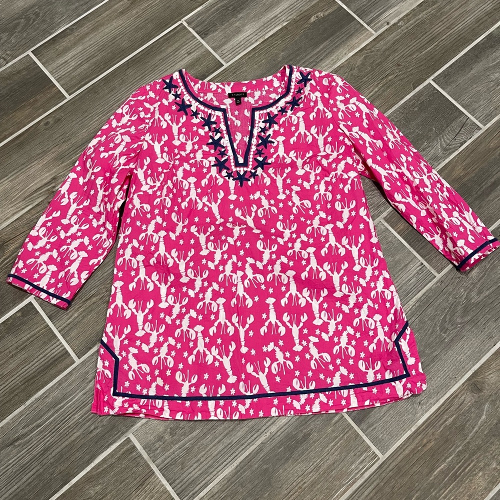 Talbots Pink and White Lobster Blouse with Navy Accents